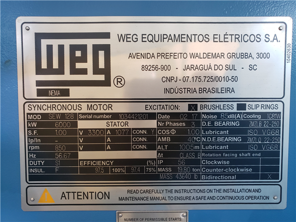 Unused Weg 6,000 Kw (8,043 Hp) Synchronous Motor, 850 Rpm)